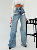 New Cool Trend Splicing Jeans Women High Waist Thin Classic Design Straight Broad