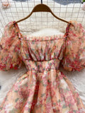 Square Collar Mesh Chiffon Mini Dress Women Floral Short Puff Sleeve High Waist A-Line Vestidos Female Beach New
