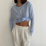 New Long-Sleeved Snowflake T-Shirt Women's Summer Thin Carmeat Round-Neck Loose Temperament