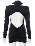 Sexy Hollow Deep V Neck Ruched Mini Dress Women Long Sleeve Backless Party Clubwear Lady Vestidos Mujer