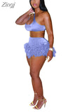 Feather Fringe Shorts Crop Top Two Piece Set Summer Women Sexy Bodycon Tracksuit Party Outfits 2023 Swimsuit