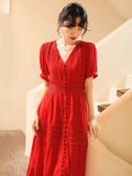Dresses Women Cotton Patchwork V-Neck Short Sleeve Maxi Dress Female Single Breasted Hollow Out Beach Long Dress