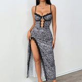 Women's Personality Metal Ring Zebra Sexy Deep V Hollow High Fork Dress