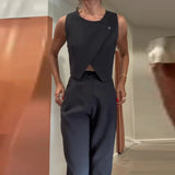 Zingj Summer New Solid Color Round Collar Button Top Temperament Straight Pants Suit Women-Outfit
