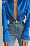 Women's Shirt Polo Collar Office Lady blouse Vintage Blue Green Silk Shirt Loose Button Up Down Shirts Black Fashion