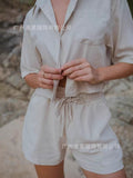 Women's Shirt Flip-Necked Shirt Shorts Casual Cotton