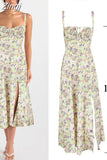 Women's Summer Floral Print Dresses Sweet Elegant Midi Holiday Dress Casual Slit Blue Lace Up Dresses