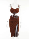 Two Piece Sets Women Ankle-Length Skirts Women Bandage Bra Crop Tops Sexy Party Outfit Vacation Side Split Folds