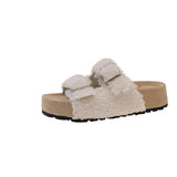 New Lamb Hairy Shoes Double Buckle Buckle Buckle Shoes Thick-Skin Pine Cake Word Sandals To Wear Slippers Women's