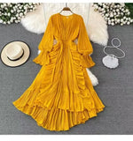 Fairy Seaside Holiday Chiffon Dress Female Lotus Lace V Collar Temperament Folded Waist Thin Swing