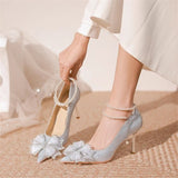Women 2025 Summer New Pointed Bow Bow Drill High-End Silver Wedding Shoes Fine Heel Single
