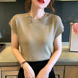 Ice Silk Shirt Knitwear Women's 2023 Summer Office T-Shirt Versatile Solid Top for Clothing Elegant Outwear