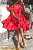 Women's Summer Casual Maxi Boho Dresses Ruffle Sleeve Round Neck Mini Dress Loose Solid Short Beach Dresses