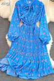 Women Floral Pleated Dress Elegant Bow Collar Flare Long Sleeve High Waist A-Line Ruffle Draped Vestidos Female Robe