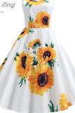 Women Dress Sexy Sunflower Print Tunic Beach Dress Sundress White Spaghetti Strap Swing Vintage Rockabilly