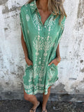 New Summer Loose Leisure Short-Sleeved Cotton Shirt Pocket Print Dress