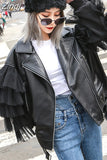 Autumn Short Black Oversized Lace Patchwork Leather Biker Jacket Long Sleeve Loose Womans Clothing Fashionable