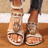 Flat-Bottomed Flowers Roman Large Size Women's Sandals Beads Tight With Light Beach Cool