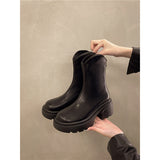 Boots Women 2025 Autumn And Winter New Round Head Coarse And V Mouth Thick Bottom Small Boots After Zipper Thin Martin