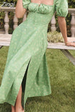 Women Floral Print Long Dress Summer Chic Short Sleeve Square Collar Split A Line Party Sundress Ladies Holiday Beach