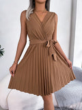 Shooting Spring And Summer Temperament Cross V Neckless Sleeveless Waist 100 Fold Dress Women's