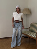 Summer New Knitted Hollow Navy Round Five-Sleeve Polo Shirt Front Shoulder Women Short Loose