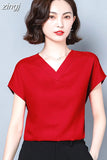 Blouses for Women Fashion Satin Casual T-shirt Solid V-neck Womens Tops Silk Elegant Short Sleeve Blouse Women