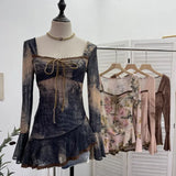 And Summer New French Style Tie Dyed Horn Long-Sleeved Lace Side Design T-Shirt