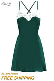 Women Sexy Lace Trim Slip Dress Satin Low Cut Spaghetti Strap Sleeveless Open Back Cami Mini Dress Party