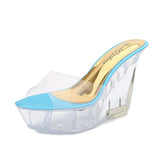 Zingj Korean Platform Ultra High Heel Slippers High Transparent Crystal Shoes Waterproof Platform 15CM Wedge Women's