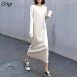 Women Long Sleeve Dresses Midi Dress Elegant Ribbed O-neck Straight Korean Style Trendy Simple High Elasticity All-match