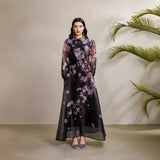 Court Dress Female Senior Sense Strap To The Waist Lantern Sleeve Print Single Buckle Mesh Elegant