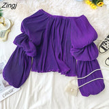 Off Shoulder Pleated Shirts Women Korean Sweet Fluffy Big Puff Sleeve Tops Elegant Vintage Solid Backless Chiffon