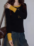 Design Sense Black Collar Splicing Woman 2025 Autumn High-End Temperament Waist Repair Knitted Long-Sleeved