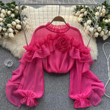 Zingj Sense Irregular Flounce Mesh Shirt Female Spring Autumn Sleeve Fold Small Slim Chic Jacket
