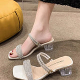 Large Size Thick Heel Medium Heel Two Wear Sandals Female 24 Years New High Heels Fashion Rhinestone Crystal One Word
