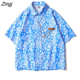 Women Colorful Sweet Heart-print Short Sleeve Chain Stylish Summer Turn-down Collar Candy Color Holiday Leisure Baggy