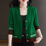 Zingj Spring And Autumn New V-Neck Sweater Coat Female Foreign Style Jacquard With A Small Loose Knit Cardigan-Outfit