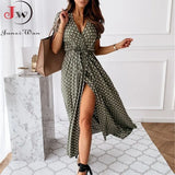 Short Sleeve V Neck Bohemian Long dress Women Polka Dot Print Casual Split Beach Maxi Sundress