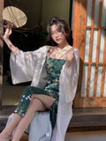 Women Slash Neck Sexy Strapless Retro Green Printing Elegant Temperament Fitting Suspender Slit Bodycon Long Midi Dress