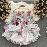 Slash Neck Spaghetti Strap Mini Chiffon Dress Women Summer Vacation Beach Flare Long Sleeve Ruffle Blue/Green Vestidos