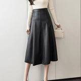Autumn Winter Women's Skirts Pu Leather Half-length Skirthigh-waist Mid-length A-line Skirt Elegant Splicing Women