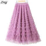 Tulle Long Skirts Womens Spring Summer Korean Style Solid High Waist A-Line Tutu Skirt Female Mesh Pleated Maxi