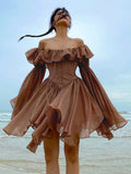 Retro Chic Brown Corset Pleated Summer Dress Off Shoulder Fashion Ruffles Patchwork Beach Women's Dress Sexy