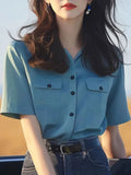 Dopamine Wears A Special Small Shirt High-End Shirt Gas Age-Old Blue Short-Sleeved Shoulder Shirt