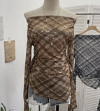 Lattice Mesh Long-Sleeved T-Shirt Irregularly Drifted Y2k Oblique Shoulder Short Top