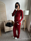 2025 New Soft Model Set Women's Casual Blouse + Broad Legs Christmas Red