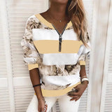Women's New Digital Printing Zipper V-Neck Loose Leisure Clothing Long-Sleeved