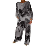 New Women's Temperament Elegant Print Bat Sleeves Wide Leg Trousers Fashion Set