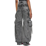 Zingj Spring And Autumn New Fashion Smoke Gray Splicing Multi-Pocket Cargo Pants Street Water To Make Old Long Wide-Leg